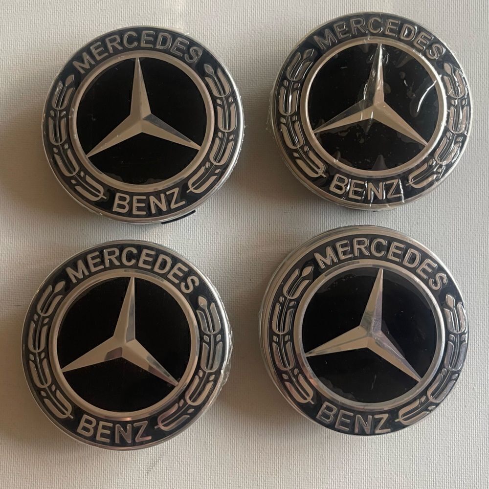 Mercedes Benz wheel center logo caps set of 4 black & silver NWT